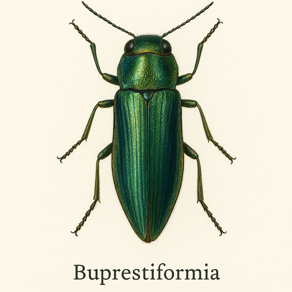 Stilisierte Darstellung eines metallisch glänzenden Buprestiformia-Käfers