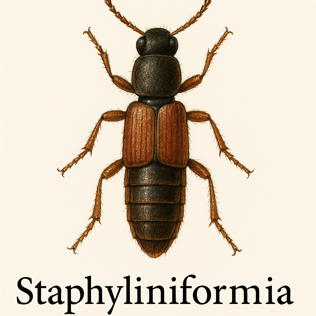 Darstellung eines langgestreckten Kurzflügler-Käfers, typisch für Staphyliniformia